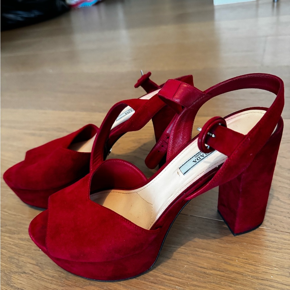 Red Prada Suede Ankle Straps Heels 39.5 Size 
Used